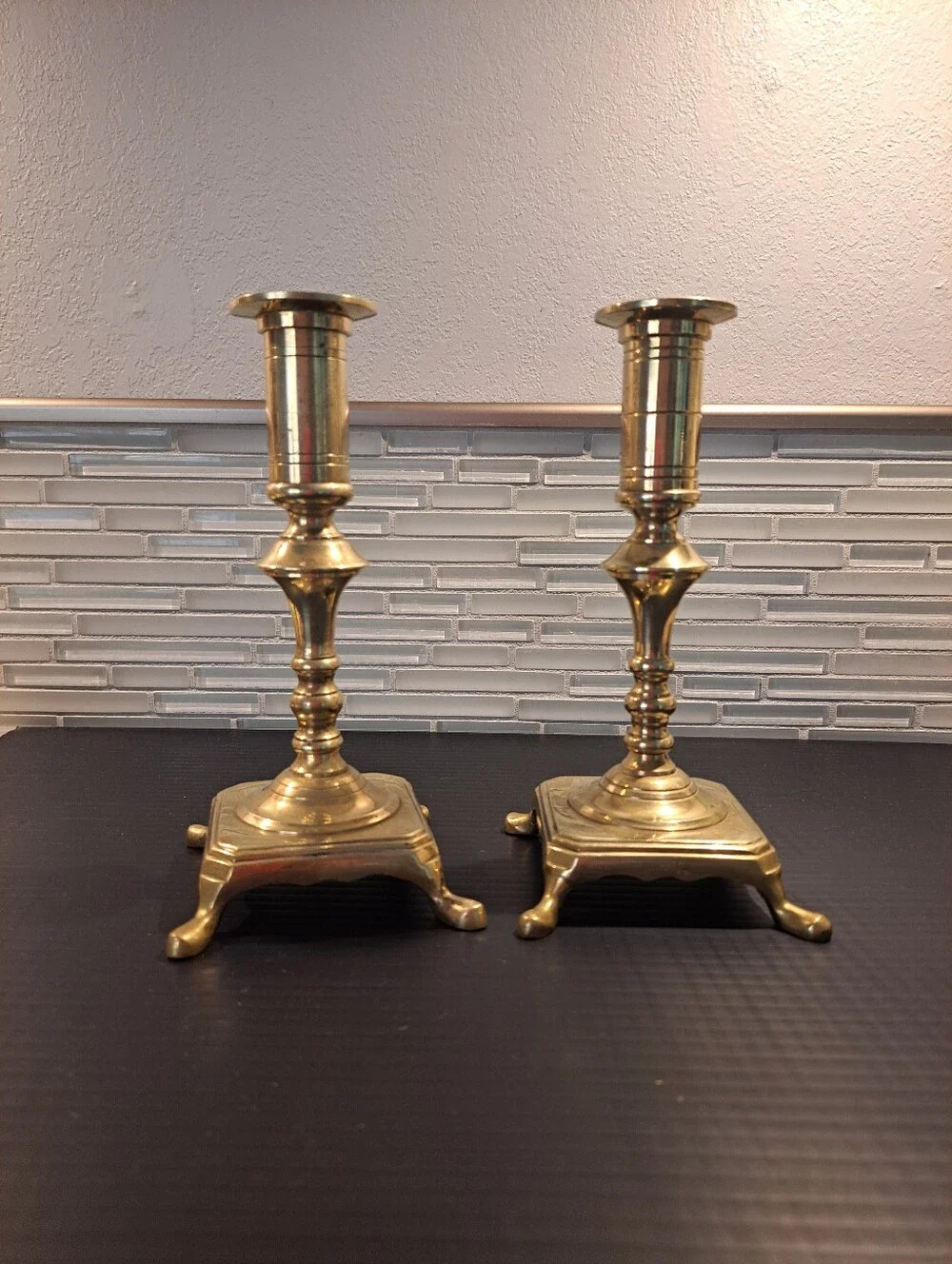 Pair of Brass Candle Holders | Danish Decor Art Nouveau Brass Footed 7.25